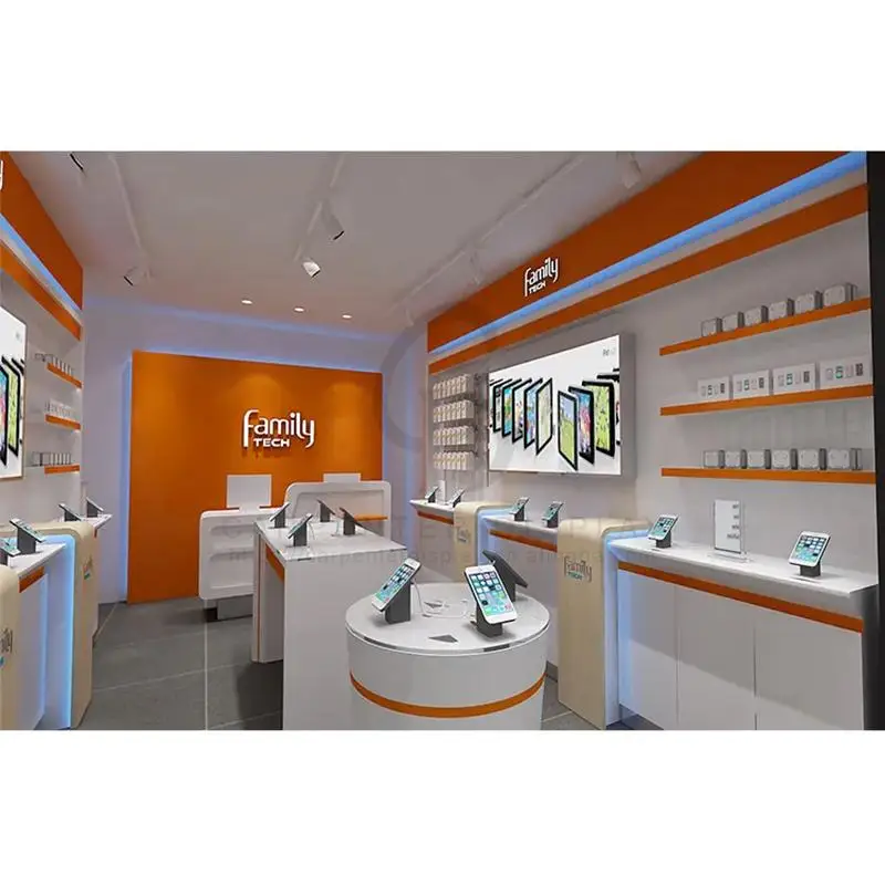 Free Store Design Mobile Phone Shop Decoration Glass Cell Phone Counter with Led Light Strip
