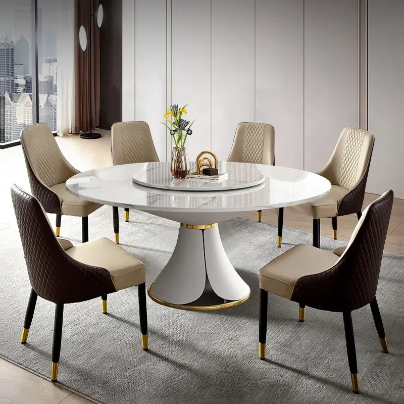 Роскошный обеденный стол из спеченного камня, круглый обеденный стол для гостиной, вращающийся стол из нового материала под заказ, обеденный стол из мрамора со стульями