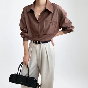 Custom Women's Brown oversized Button-down Shirt with Chest Pocket
