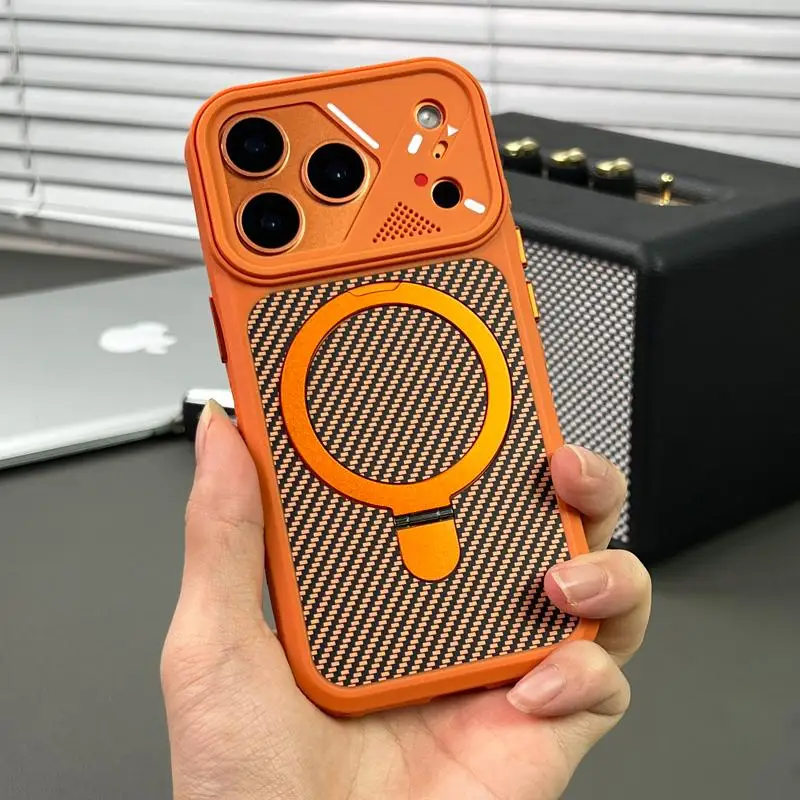 New Matte Carbon Fiber Textured Backplate Magnetic Phone Case for iPhone 17 13 14 15 16 Pro Max With Ring Stand Protective Cover