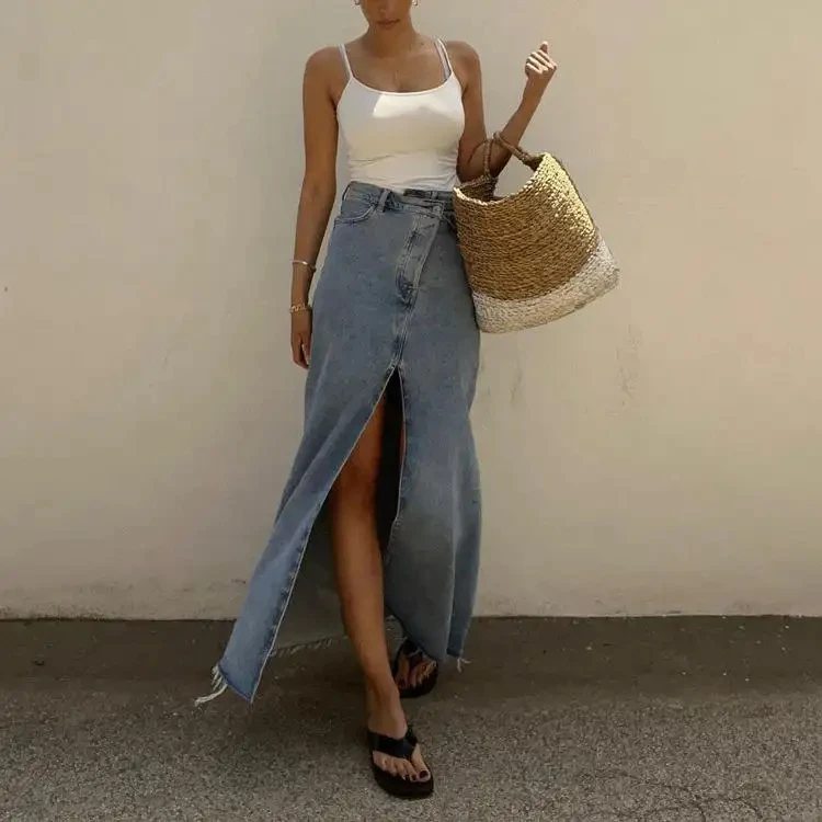 Unique Streetwear Top New Vintage Fashion Spring Ladies Skirts Casual Washed Denim Jean Baggy Split Long Skirt Women's Skirts