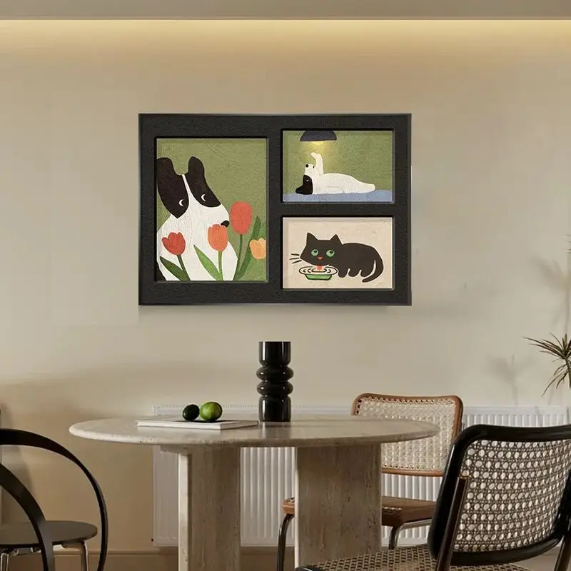 Cute Dog Cat Wall Art Canvas Print With Tulip Flowers Neutral Green Beige Background Whimsical Minimalist Living Room Home Decor