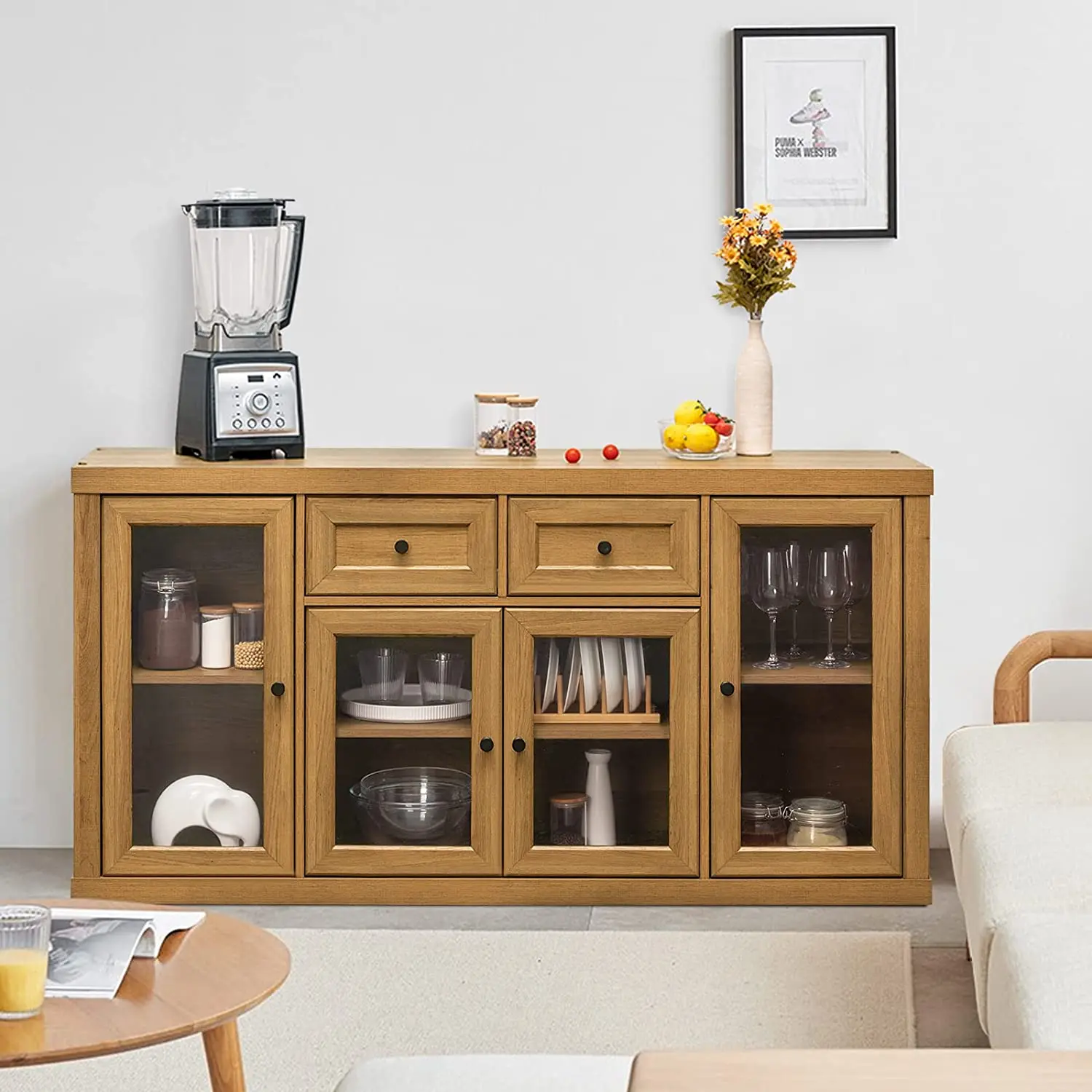 2022 Modern  Kitchen Sideboard  Buffet Storage Cabinet With Glass Doors in Brown