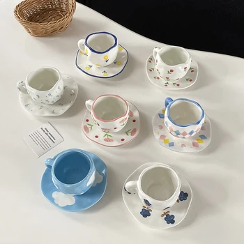 Original Design Nordic-style Hand-pinched Texture Ceramic Coffee Cup and Saucer  Blue Sky and White Clouds Floral Motif Mug