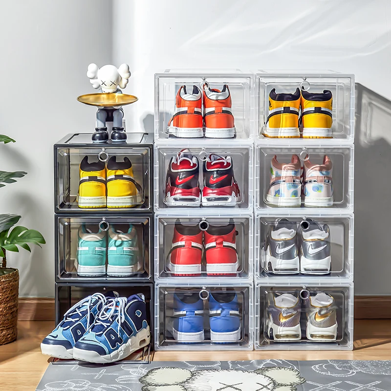 Free Sample  Shoe Organizers Storage Box Magnetic Drop Front Foldable Acrylic Shoebox Transparent Stackable Plastic Shoe Box