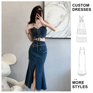 Custom Denim Dress Two Piece Set V Neck Lace up Crop Top and Split Floor-Length Skirt Casual Outfits Sexy Slit Women's Skirts