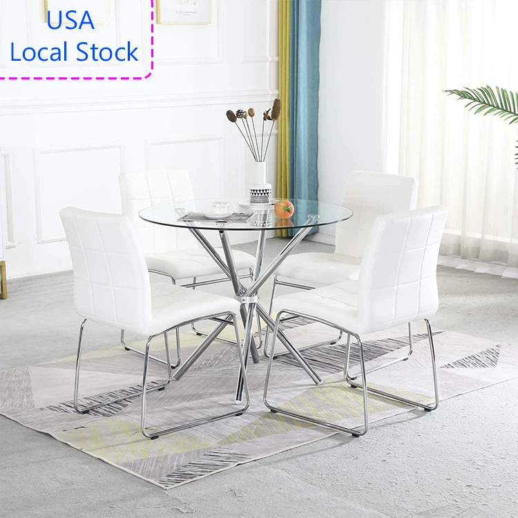 Free FedEx UPS Shipping USA Local Stock Modern leather stainless steel dining kitchen living room 1 round table + 4 chairs Set