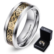 8MM Silver Plated Beveled Edge Gold Celtic Black Carbon Fiber Inlay Tungsten Carbide Rings Men Wedding Bands