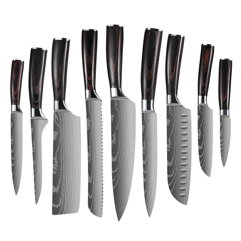 Суперострые кухонные ножи шеф-повара набор из 9 японских кухонных ножей нержавеющей стали с деревянной ручкой и Дамасским лазерным