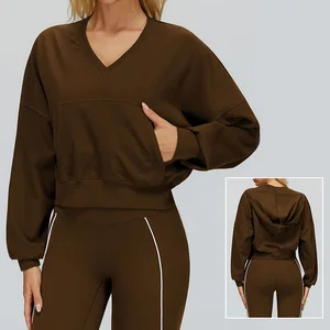 Roregal New Casual Loose Sports Sweatshirt Loose V Neck Long Sleeve Hooded Sweatshirt for Women