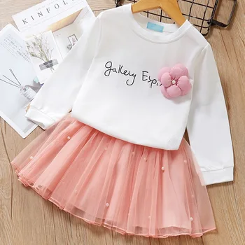 New arrival toddler girls boutique fall long sleeves letter t shit and tulle pearl skirt clothing set