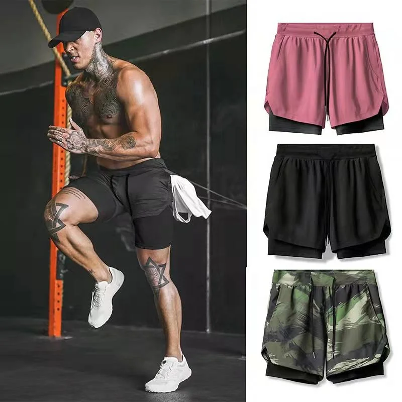 JL-0110C Quick Dry Nylon Workout Shorts Men Fitness Sports Double Layer Mesh Gym Shorts