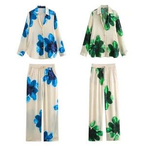 Women's Vintage Printed Suit Loose Lapel Single Button Shirt Casual High Waisted Wide Leg Pants Commuter Suit