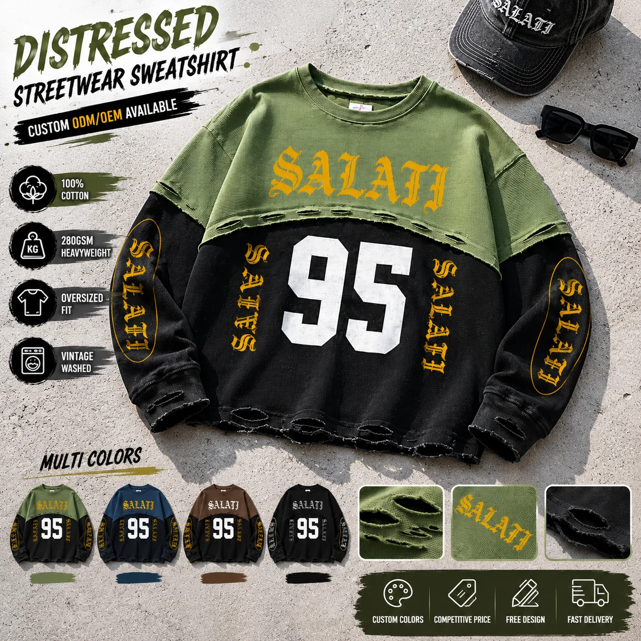 Manufacturer Custom O Neck Distressed Acid Wash Waffle Digital Print Thermal T Shirt Patchwork Long Sleeve T-shirt