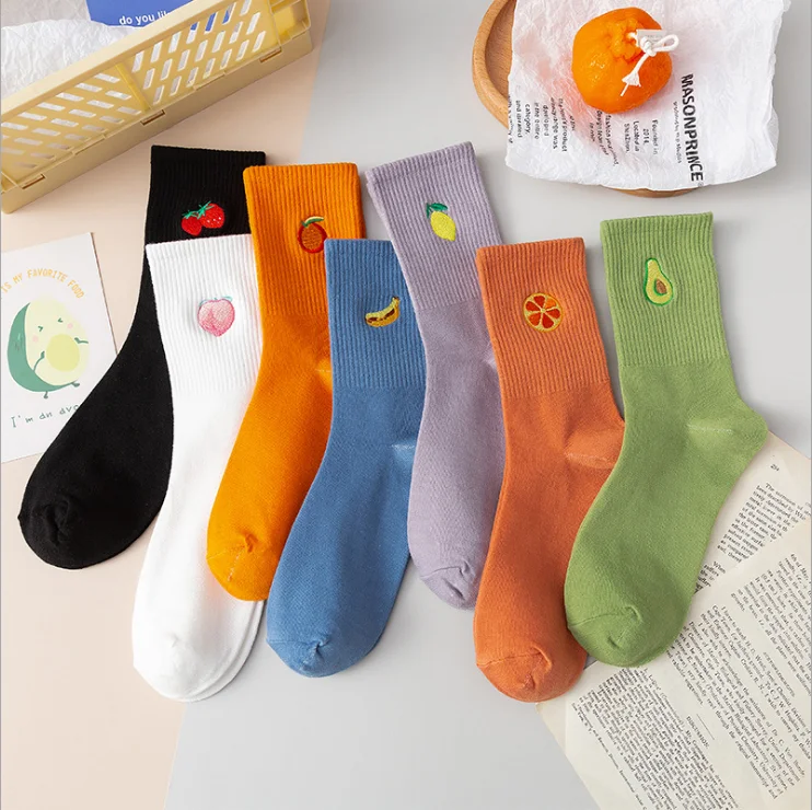 HF Fruit stockings female cute embroidery pile stockings spring and autumn seasons cotton socks