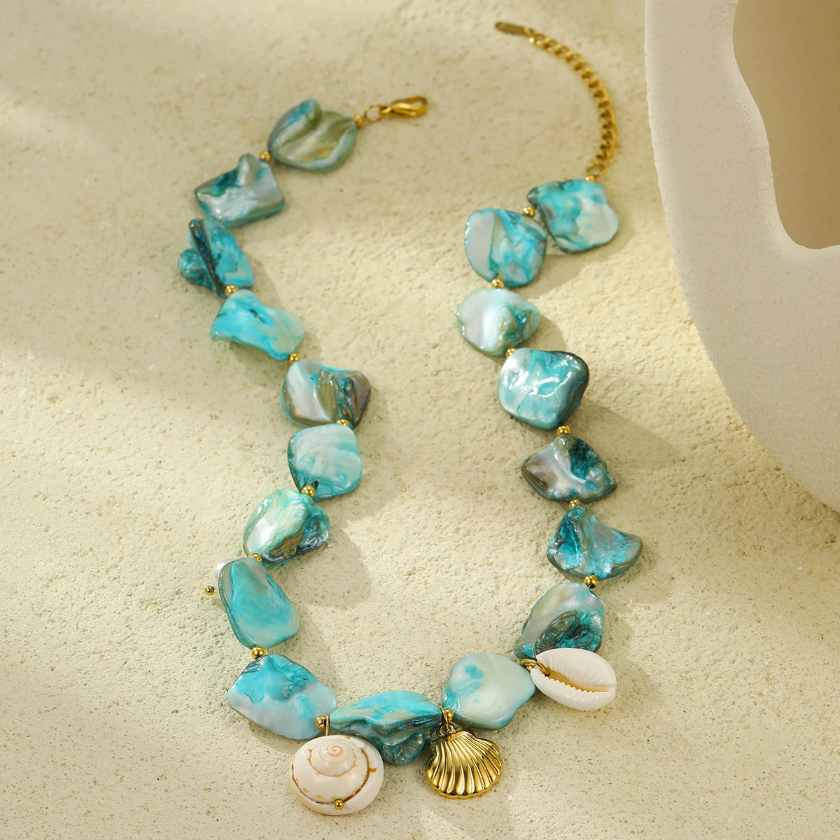 NIMAI Bohemian Blue Big Shell Starfish Pendant Charm Necklace Pearl Sea Snail Sea Shell Statement Stainless Steel Ocean Jewelry