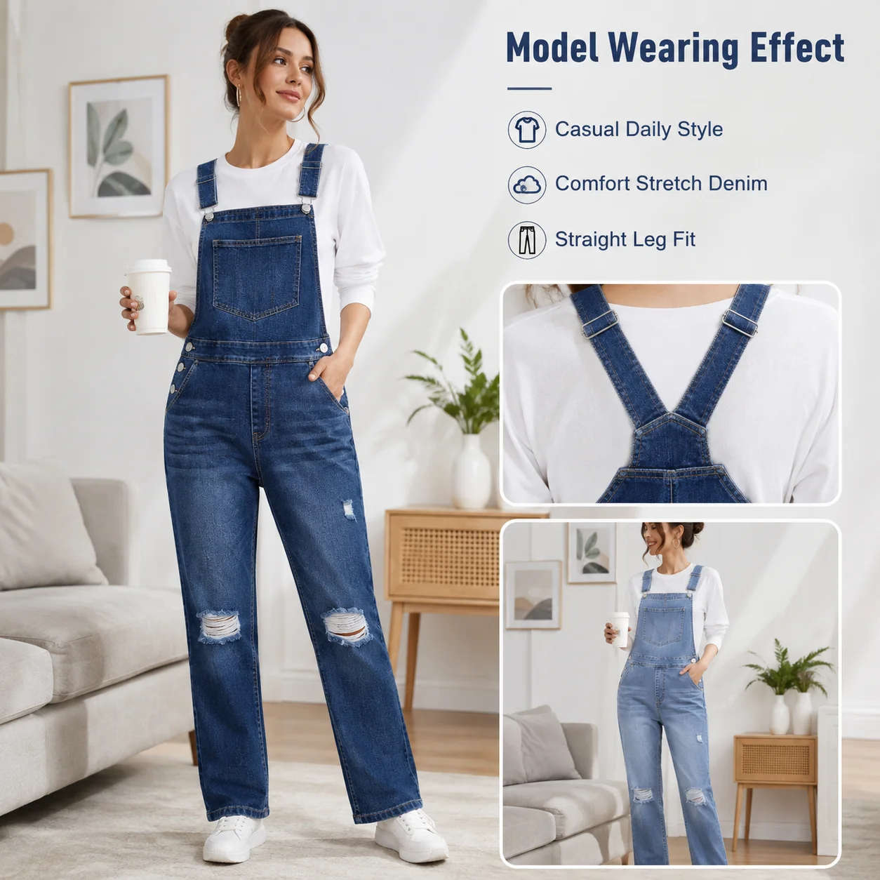 Factory Wholesale Women's Hot Selling High Waist Long Tight Breathable Denim Overalls-Skinny Straight Jeans with Solid Pattern