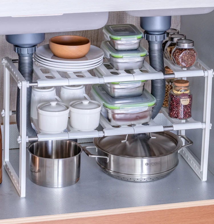 2 Tier Expandable Shelf Rack Under Sink Storage Organizer for Kitchen Room