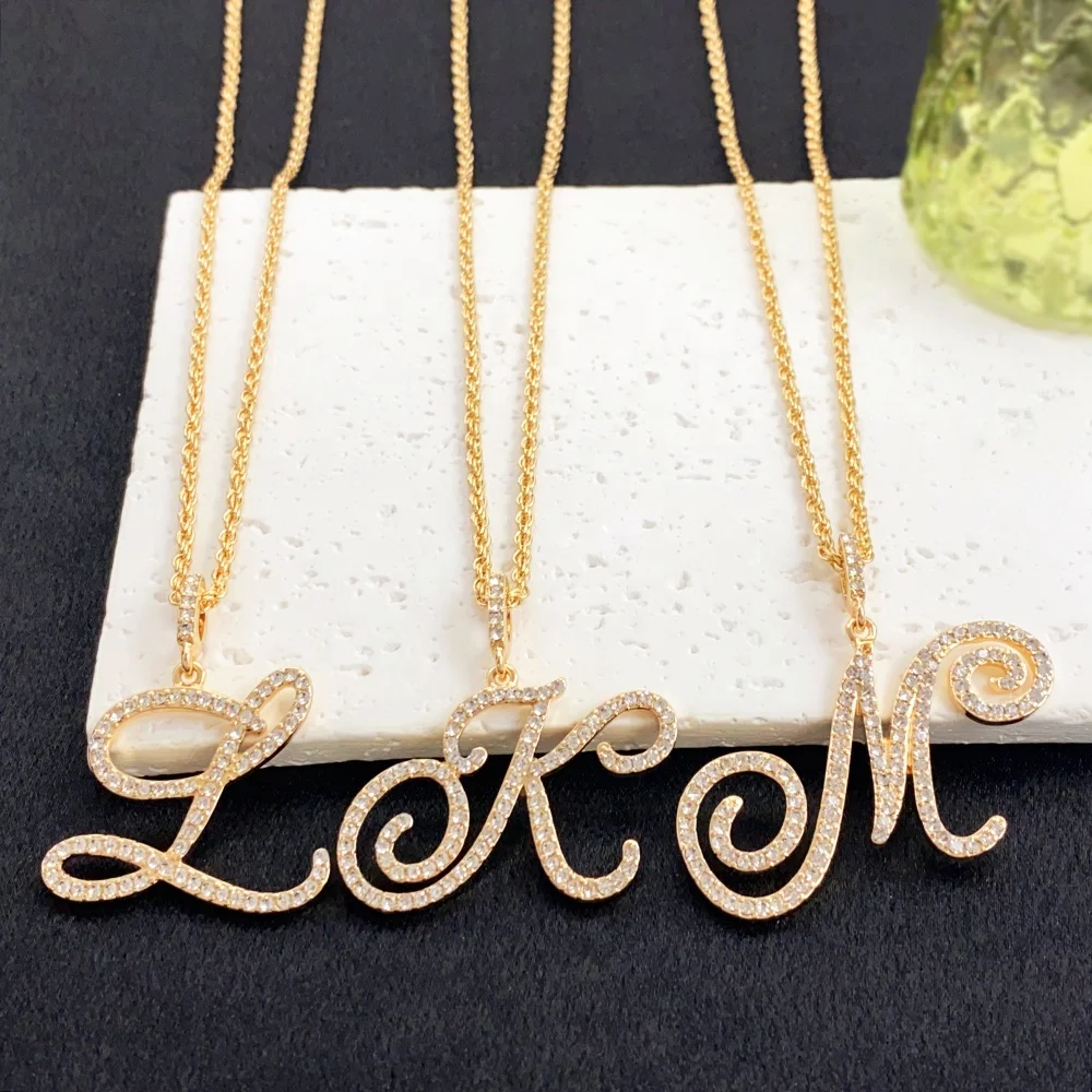Plated Initial Letter Necklace Old English Necklace Personalized Square A-Z Alphabet Necklace Diamond Custom Jewelry Gold Alloy