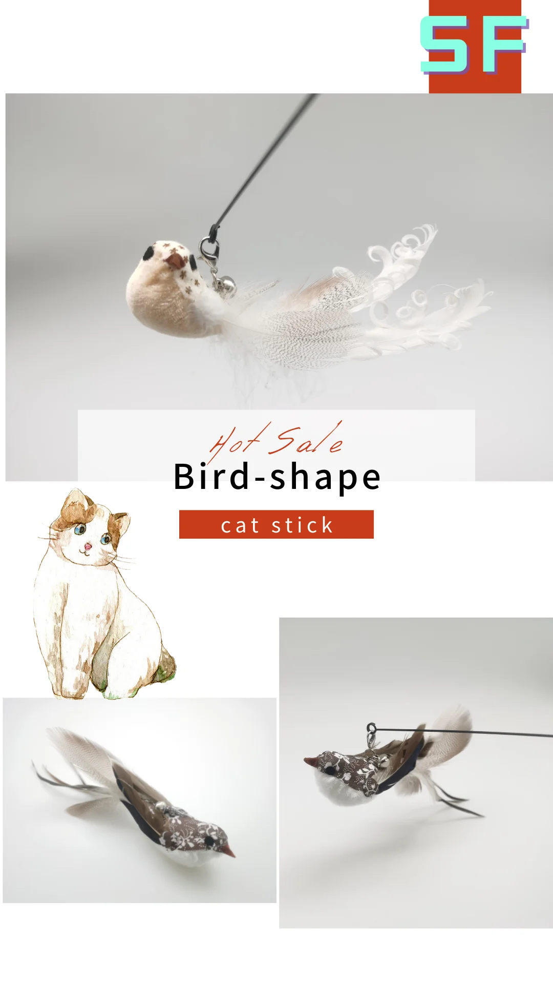 Bird-shape feather cat stick overview