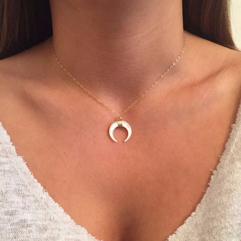 White Ivory Bone Horn Pendant Necklace 
