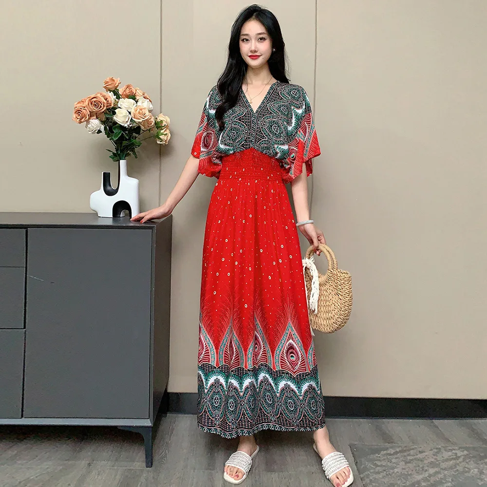 thai cotton dress Thai Cotton Printed Dress Chinese Collar Full Inner Lining Soft & Comfortable