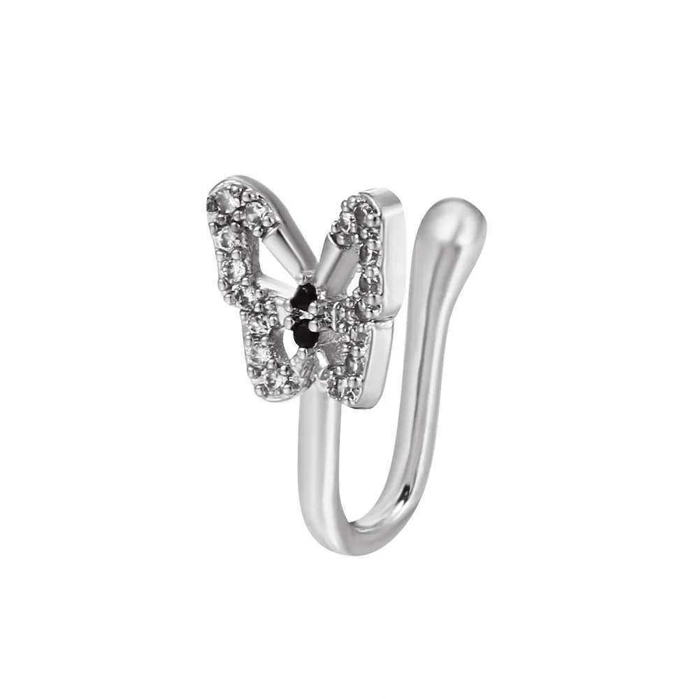 Karat Gold Plated Nose Ring Bijuteria Non-Piercing U Shape Butterfly Design with Black CZ Stones for Wedding Engagement
