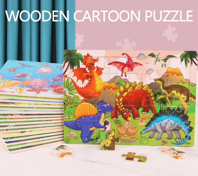 Montessori 30 Pieces Wooden Dinosaur Jigsaw Puzzle Board