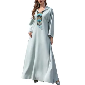 Middle Eastern Maxi Dress Round Neck Long Sleeve Prayer Muslim Embroidery Lace-up Hooded Dress