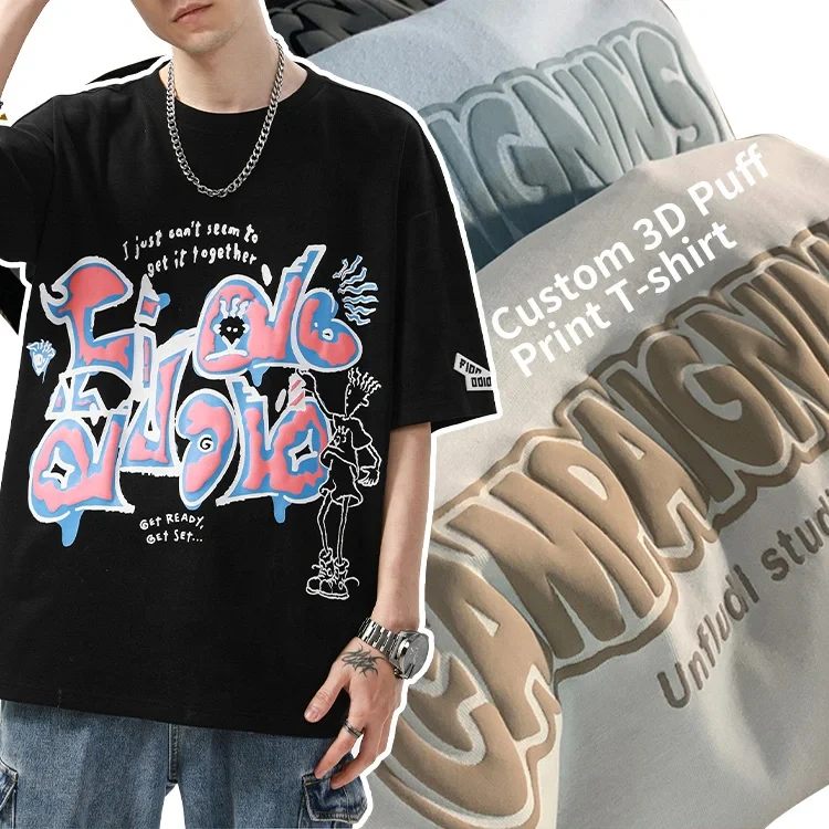 Unisex OEM Custom Your logo Design Screen DTG Embroidery Plus Size Puff  Printed Tshirt Custom 3D Foam Graphic Puff Print t Shirt