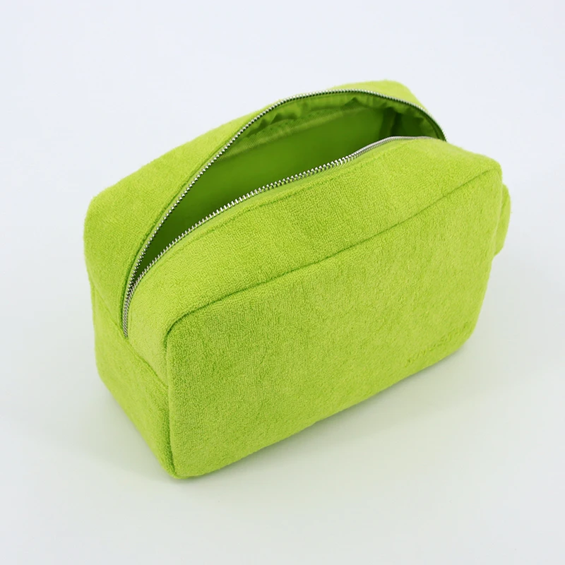 Custom Logo Zipper Soft Terry Cloth Fabric Women Cosmetic Makeup Make up Toiletry Pouch Bag with Handle
