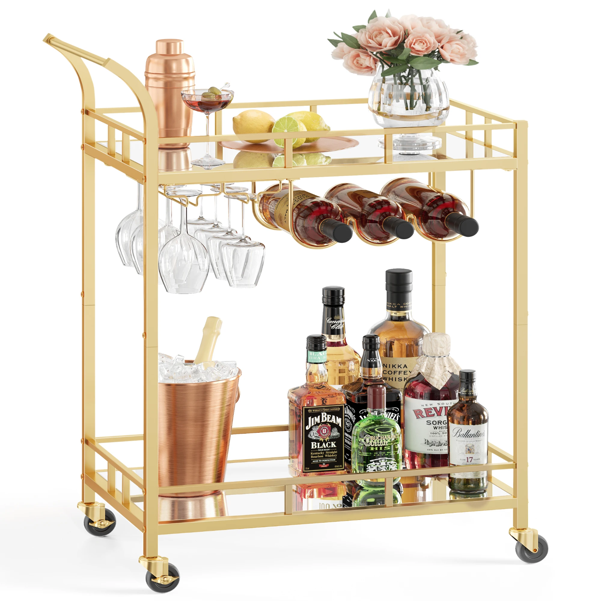 VASAGLE Cocktail Alcohol Trolley for Kitchen Dining Living Room Outdoor Serving Trolley  2 Tier Bar Cart With Wine Bottle Racks
