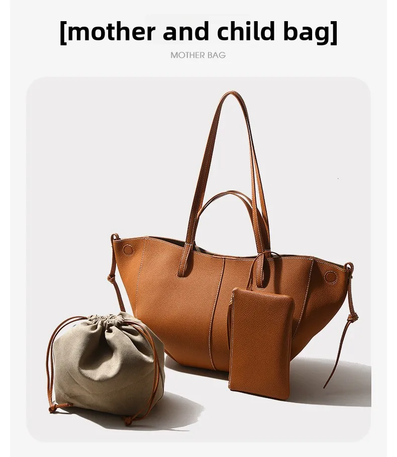 Hot Selling Cowhide Handbag Genuine Leather Women’s High-end Light Luxury Tote Shoulder Bag Large Capacity Magnetic Clasp Cotton
