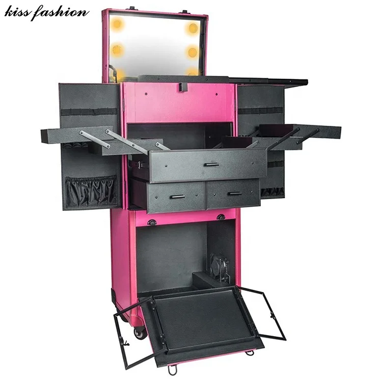 Portable Rolling Train Case with Trolley Large Capacity Eco-Friendly Makeup Artist Vanity Tool Storage Features Lights