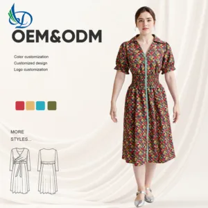 2026 New Women's Summer Printed Long Skirt Zipper Decoration Turn-down Collar Long Skirt Casual Style