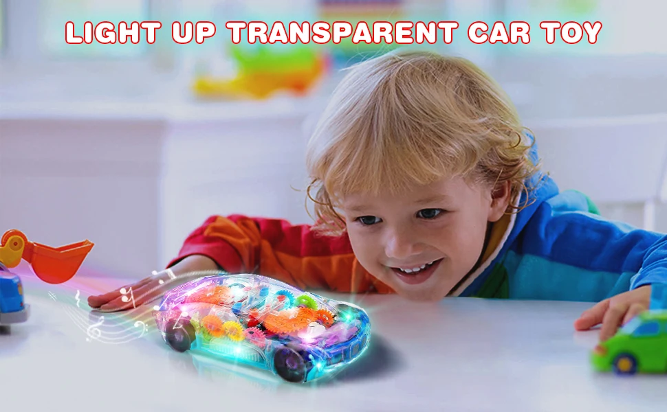 ArtCreativity Light up Transparent Sensory Car Toy for Kids Bump and Go Toy Car with Colorful Moving Gears Music and LED Effects