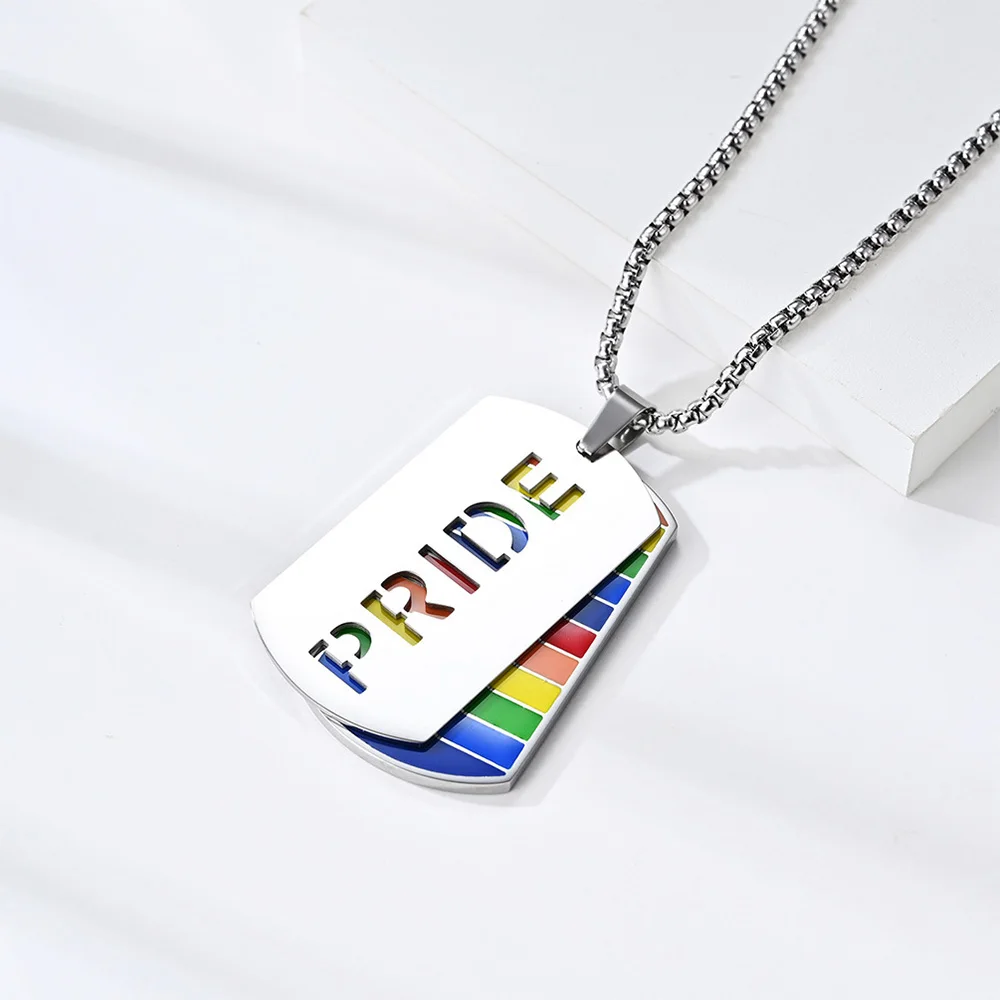 Wholesale Custom Metal Lesbian Flag Pendant Colorful Enamel Lgbtq Lgbt Gay Pride rainbow Dog Tag Necklace with logo for Peolple