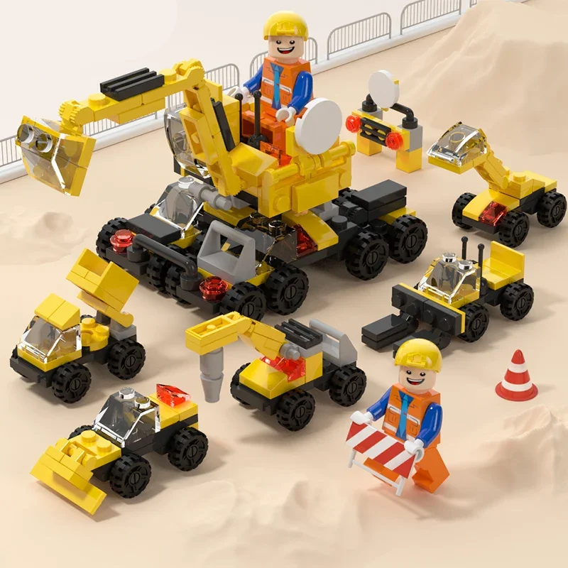 NEW 6-In-1 Mini Engineering Construction Truck Team City Building Block Set Engine Vehicle Educational DIY Toys for Children