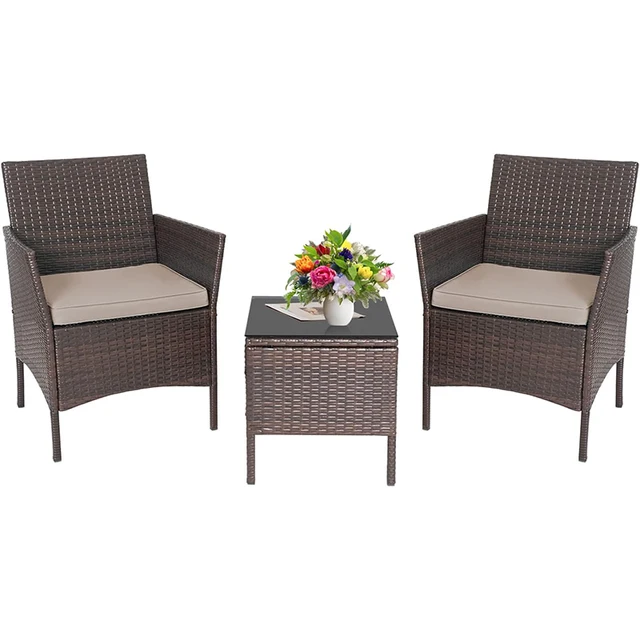 HomeCome Brand Modern Design 3-Piece Wicker Patio Conversation Set Garden Bistro Rattan Outdoor Furniture Set