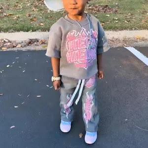 Custom Kids Boys Clothing Streetwear Street 100% Cotton Boy T-Shirt and Pants Two Piece Kids Clothing Set