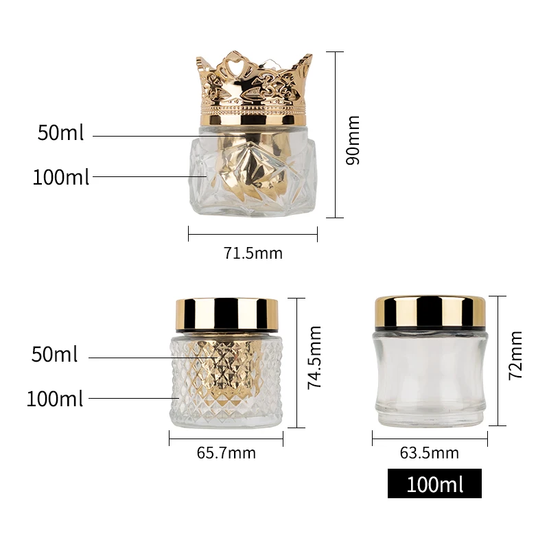 50g 100g Refillable Skincare Packaging Face Cream Glass Jar Crown Lid Special Plastic Gold Cap Jar factory