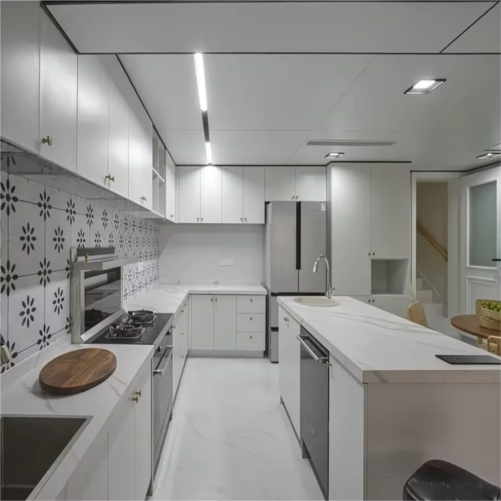 Factory Cheap Original Design Custom Modern Glossy White Lacquer Kitchen Cabinets Melamine Finish Island Cabinet Complete Set