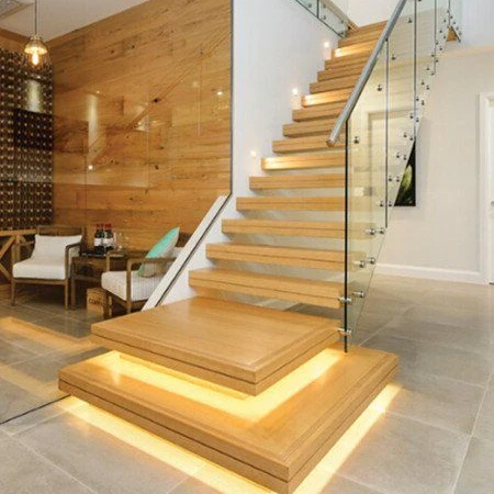 New Design LED Lights Solid Wooden Steps Hidden Steel Beam Floating Straight Stairs with Stair Railing from Foshan Factory