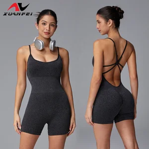 Summer Black Lu Mei Back Cross-Strap Slimming Height-Enhancing Fitness Pants Short One-Piece Yoga Jumpsuit for Women