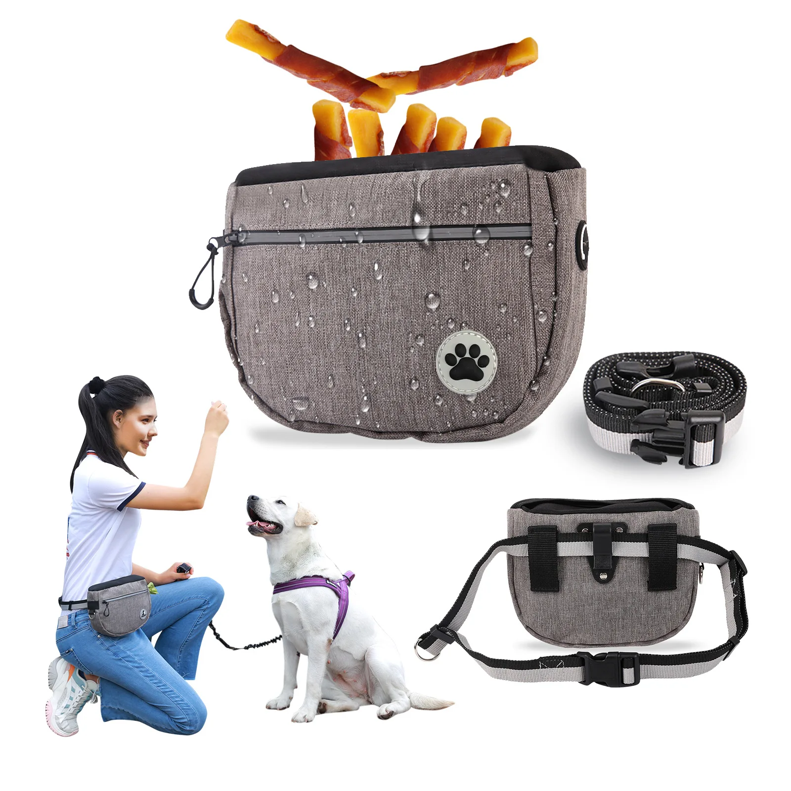 Dispensador de bolsas de caca con cinturón ajustable 2 en 1 para caminar y cuenco plegable Bolsa de adestramento para mascotas