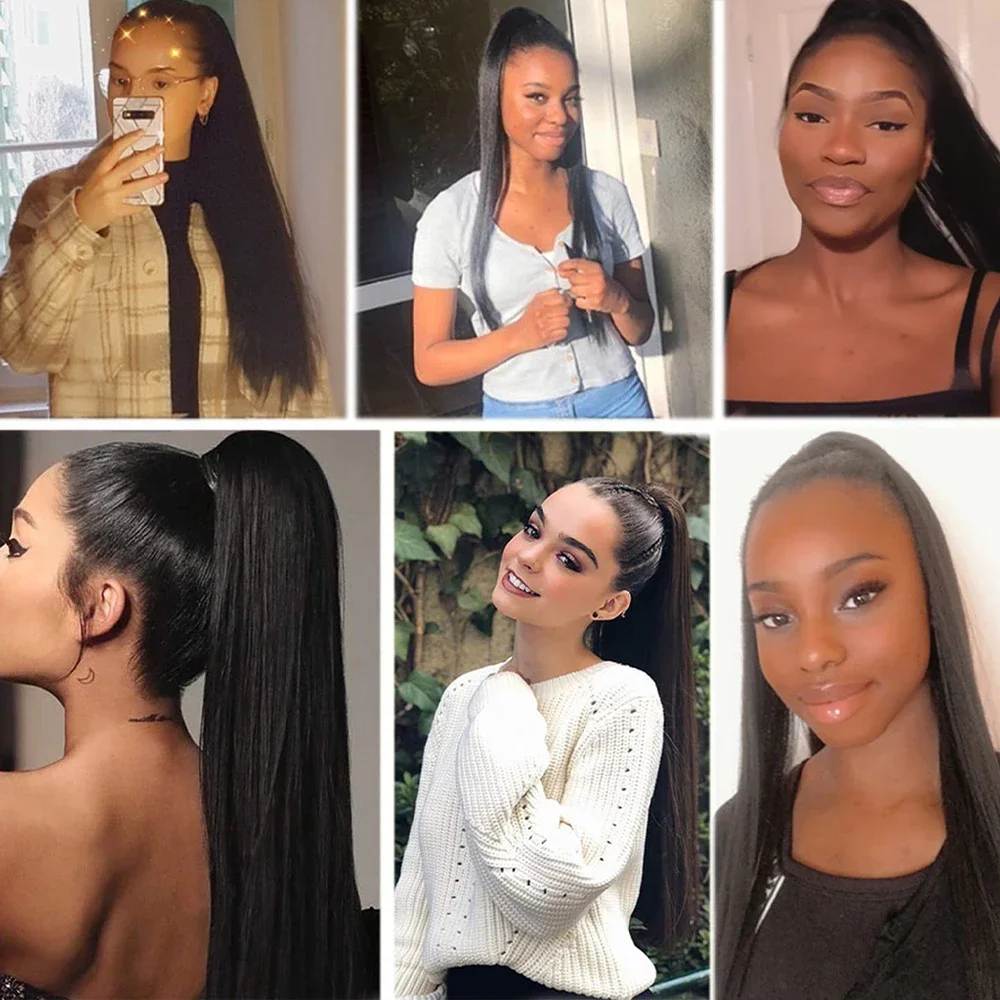 Human Hair Ponytail Extension Long Straight Drawstring Hair Piece_voghion.com