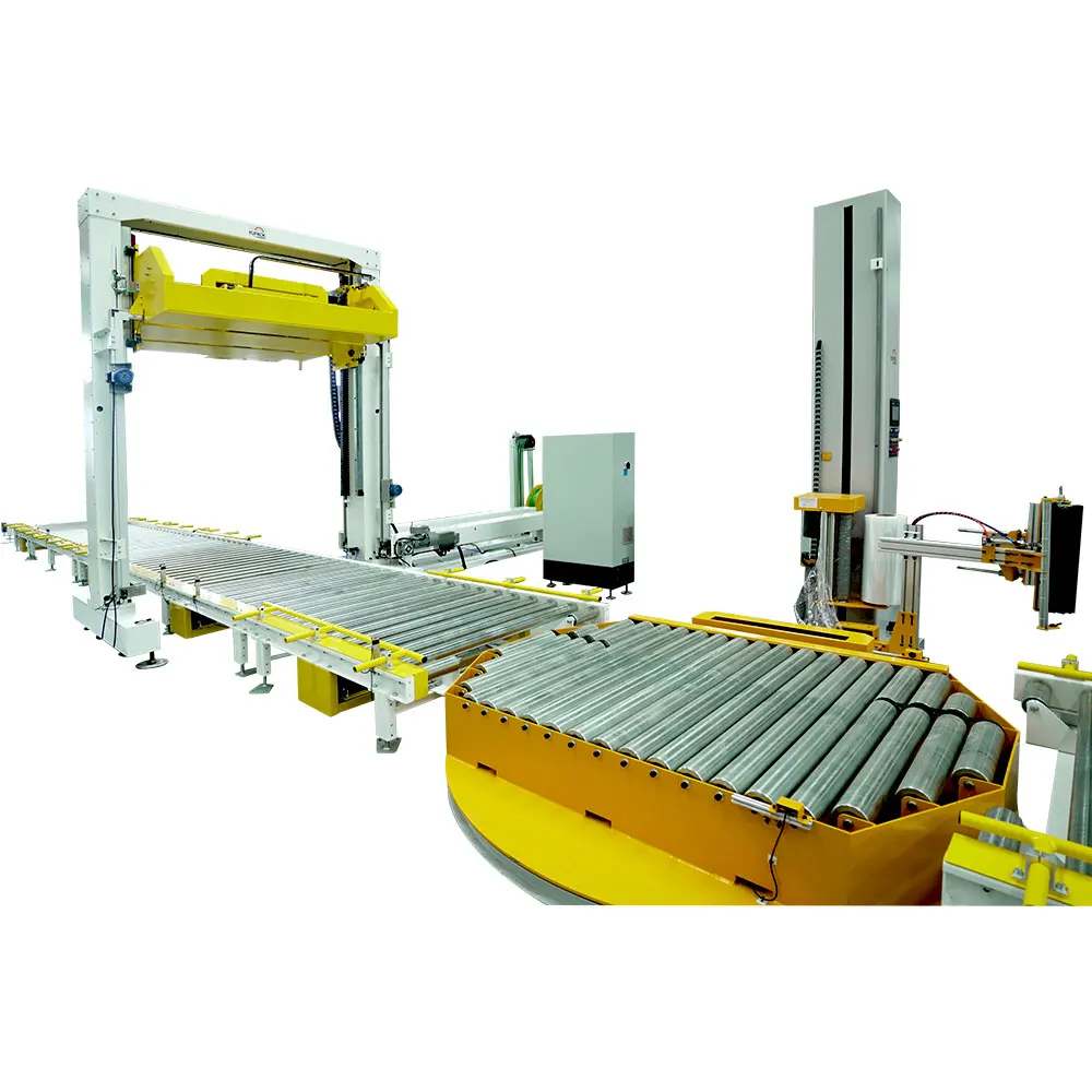 Automatic Pallet Packing System Film Stretch Wrapping Machine and Strapping Machine With Double Strapping Head Top Press
