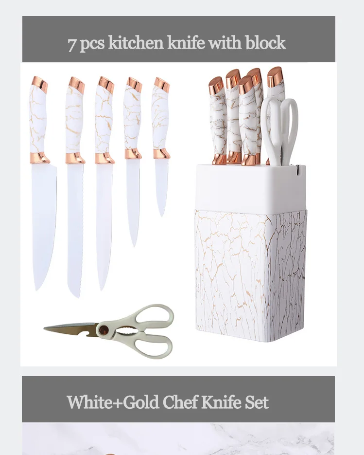 New Style 7pcs Stainless Steel Chef Knives Marble Handle Kitchen Knife