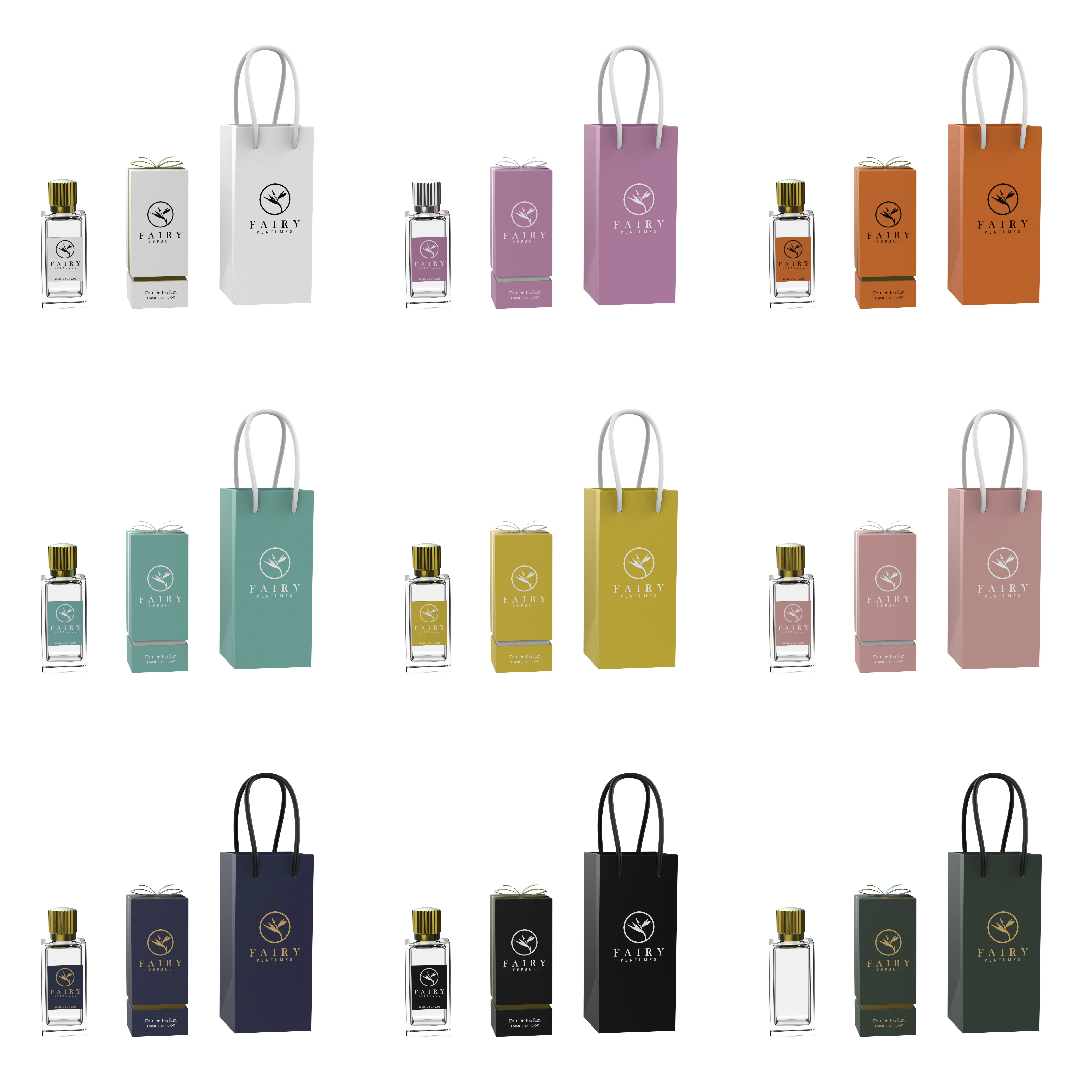 Empty square Rectangle Glass Bottle 30ml 50ml 100ml Perfume Bottle with Gold Silver Cap with Paper Box Paper Bag Set