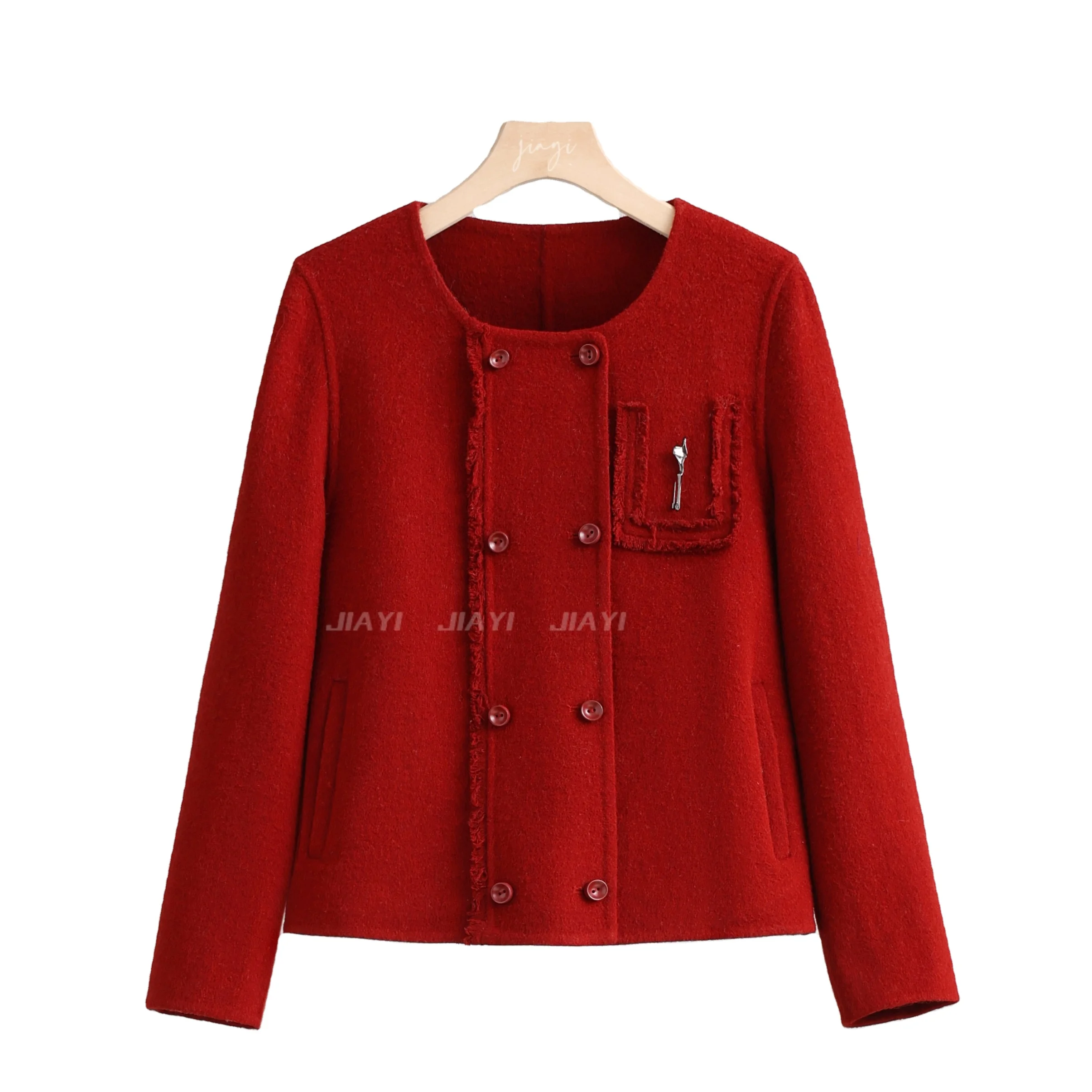 Elegant Women's Winter Quilted Wool Coat with Double-Breasted Closure and Fur Logo Decoration New Collection Ground Color